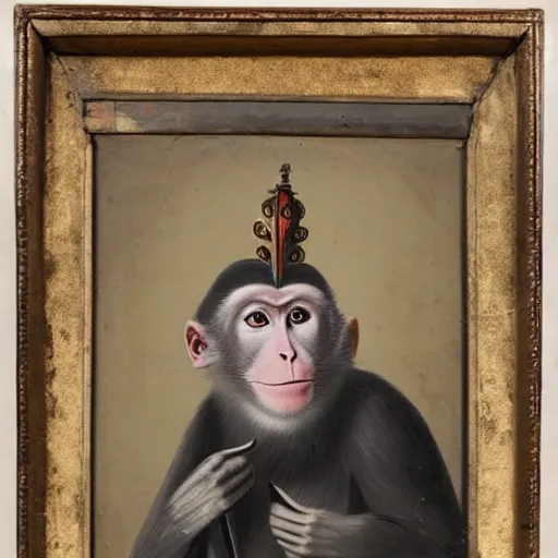 Prompt: 18th century portrait depicting a macaque aristocrat with a scepter, dynamic lighting, soft shadows