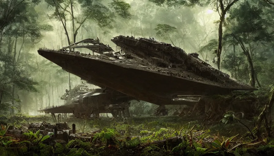 Prompt: a beautiful painting of an archaeological excavation of a star destroyer in a lush jungle, ray traced lighting by kalin popov and greg rutkowski