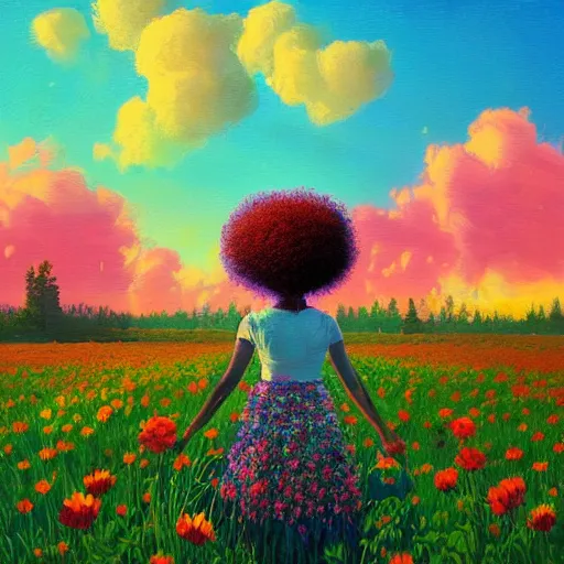 Image similar to girl with afro made of flower, standing in a field with flowers, surreal photography, hills, big trees, sunrise dramatic light, impressionist painting, colorful clouds, digital painting, pointillism, artstation, simon stalenhag