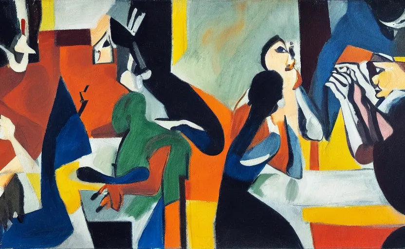 Prompt: oil painting in the style of john craxton. sailors talking loudly in the shadows of a jazz club. in the style of ivon hitchins. eyes. strong expressions on faces. holding cigarettes. scratch. strong lighting. playing cards. brush. single flower. cheekbones. smokey bar. seated figure hands on table. line drawing.