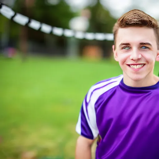 Image similar to photographic portrait of a young white male smiling with short brown hair that sticks up in the front, blue eyes, groomed eyebrows, tapered hairline, sharp jawline, wearing a purple white volleyball jersey, sigma 85mm f/1.4, 35mm, 4k, high resolution, 4k, 8k, hd, full color