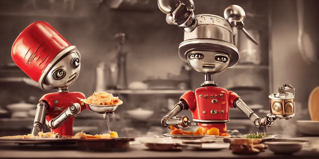 Image similar to closeup portrait of tin toy retro robot chef cooking pastry in a kitchen, depth of field, zeiss lens, detailed, centered, fashion photoshoot, by nicoletta ceccoli, mark ryden, lostfish, breathtaking, 8 k resolution, extremely detailed, beautiful, establishing shot, artistic, hyperrealistic, octane render