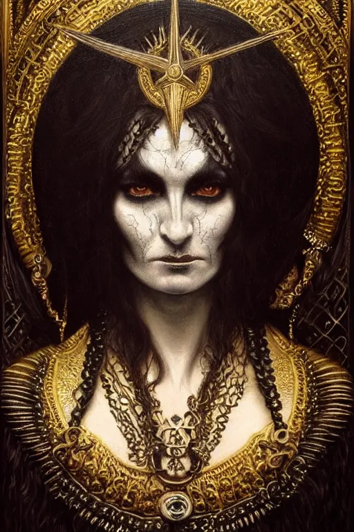 Prompt: hyper realistic painting portrait of the black metal queen, occult diagram, elaborate details, detailed face, intrincate ornaments, gold decoration, occult art, oil painting, art noveau, in the style of roberto ferri, gustav moreau, jean delville, bussiere, andrew gonzalez