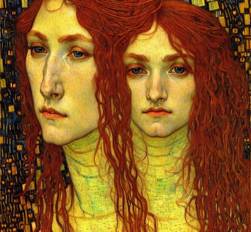 Image similar to detailed realistic beautiful young medieval queen face portrait by jean delville, gustav klimt and vincent van gogh, art nouveau, symbolist, visionary, gothic, pre - raphaelite, muted earthy colors, desaturated