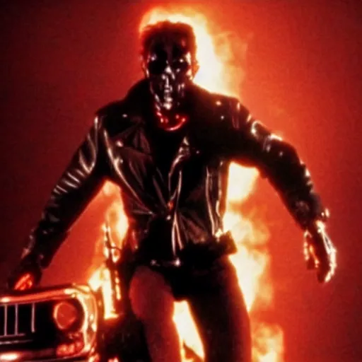 Image similar to film still of the terminator covering his face with a bandana, red glowing eyes, grainy