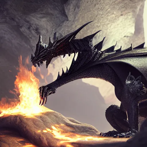 Image similar to fantasy black dragon living in huge cave, lots of details, fire breath, 3 d octane