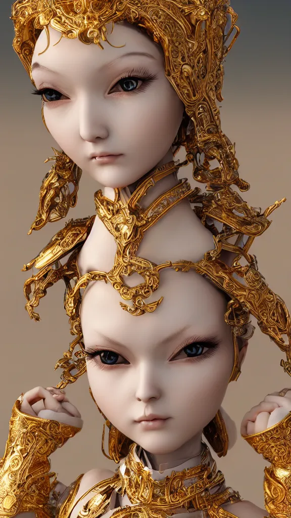 Image similar to ornate porcelain android woman doll, platinum jewellery, intricate gold trimmings, elegant, highly detailed, artstation, concept art, sharp focus, illustration, 3d total, unreal engine, vfx, octane render