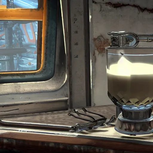 Prompt: codesword holds a faceted glass with milk in one of the manipulators, realism, reflections, metal case, in the kitchen, in the style of fallout 4,