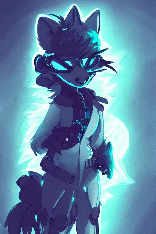 Image similar to a cute cyberpunk anthropomorphic wolf with light blue fur and a fluffy tail, comic art, trending on furaffinity, cartoon, kawaii, backlighting, furry art!!!, cel shading, concept art, lineless