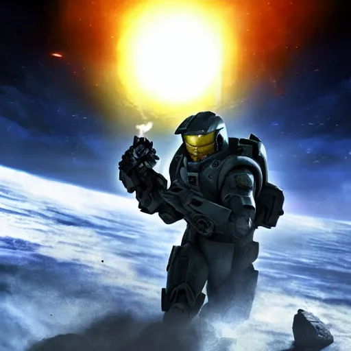 Prompt: Master Chief fighting the covenant on the moon