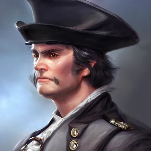 Prompt: a clean shaven confederate general with puffy black sideburns short black hair a side part and a square face, an english man, dnd character art, painting by artgerm and ed binkley, HDR color