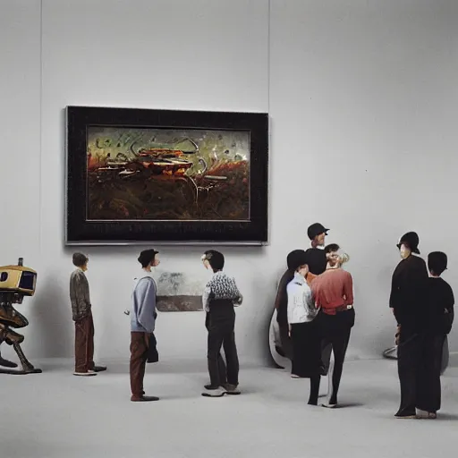 Prompt: wide - shot photo of museum visitors looking at paintings of droids by shaun tan, at the sitting couch, codachrome, 8 k, hd, highly detailed,