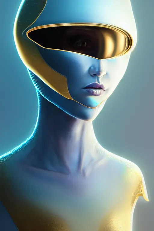 Prompt: detailed portrait glam cyber noun, attractive feminine curves, intricate, scifi, futuristic, elegant cape, elegant, alien room background, white, blue, gold, photorealism, trending on artstation, holy halo, advanced technology, art by moebius and vitaly bulgarov and chanthara