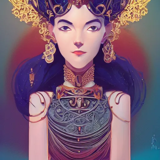 Image similar to face icon stylized minimalist a beautiful black haired woman with pale skin and a crown on her head sitted on an intricate metal throne, loftis, cory behance hd by jesper ejsing, by rhads, makoto shinkai and lois van baarle, ilya kuvshinov, rossdraws global illumination,