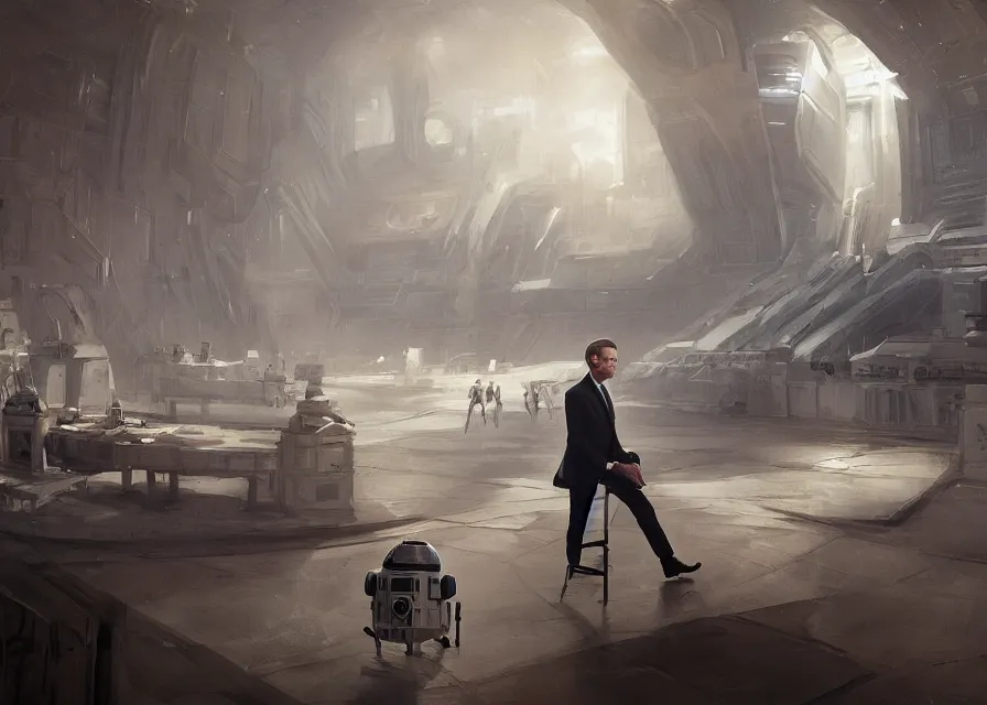 Image similar to painting of Emmanuel Macron dressed as a senator in Star Wars, inside the galactic senate, sharp focus, trending on ArtStation, masterpiece, by Greg Rutkowski, by Ross Tran, by Fenghua Zhong, octane, clear eyes, soft render, oil on canvas, moody lighting, cinematic, professional environment concept art