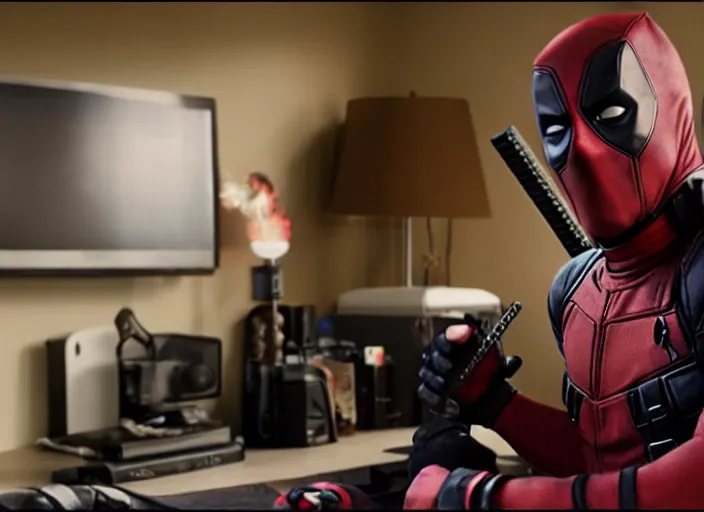 Image similar to film still of Deadpool working as a twitch streamer in his gamer bedroom in the new Deadpool movie, 4k