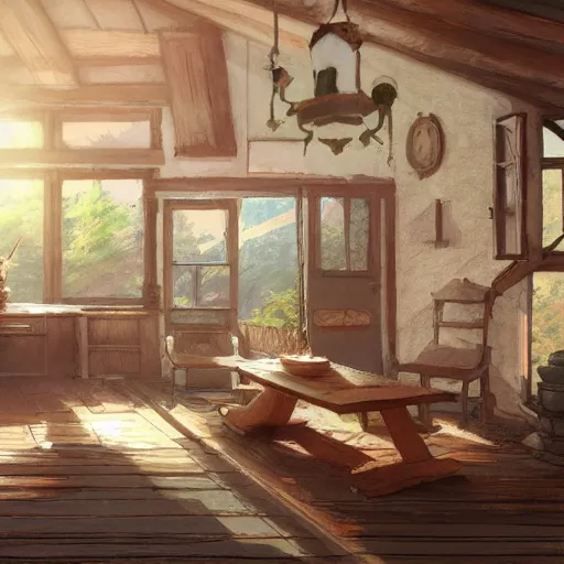 Prompt: concept art painting of interior of a cozy cottage with european and japanese design, realistic, detailed, cel shaded, in the style of makoto shinkai and greg rutkowski and james gurney