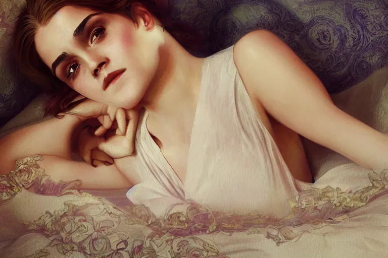 Image similar to Emma Watson lying on the bed in summer sleepwear, very beautiful face, night time, intricate, elegant, highly details, digital painting, 4k, HDR, artstation, concept art, smooth, sharp focus, illustration, art by Artgerm and Greg Rutkowski and Alphonse Mucha