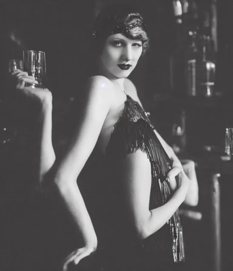 Image similar to shot of a 1 9 2 0 s short - haired flapper woman in black satin gloves looking at the camera, at a party in a dimly lit speakeasy bar, jazz age, precise, wide shot, cohesive, art deco, cinematic, low - lighting, photography