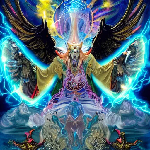 Image similar to crazy hermetic magician working with elementals, picture full of symbolism, tarotlike, dynamic colours, hyper detailed, hyper realistic