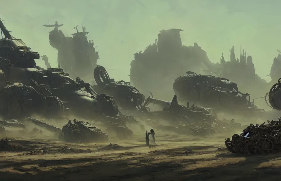 Image similar to concept art of a dusty field with twisted wreckage of dieselpunk orcish tanks and smoking craters in the background, key visual, ambient lighting, highly detailed, digital painting, artstation, concept art, sharp focus, by makoto shinkai and akihiko yoshida and hidari and wlop