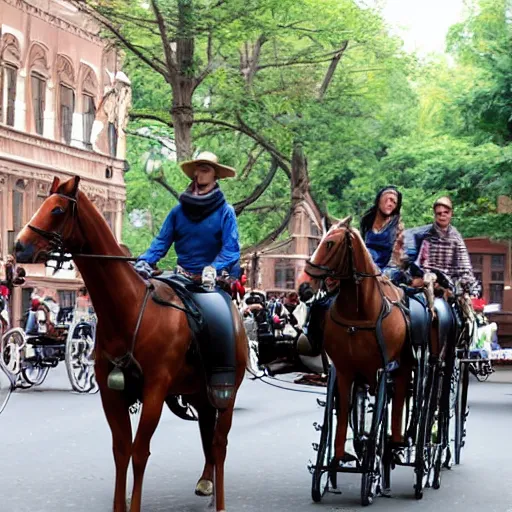 Image similar to Western, people on horses with wheels instead of legs