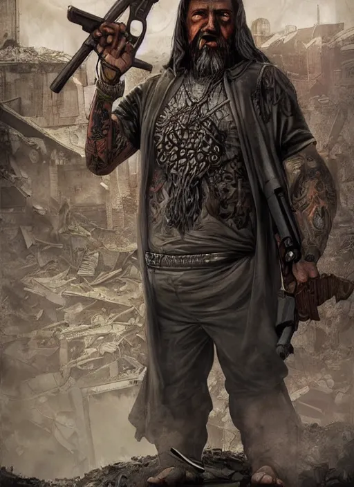 Image similar to portrait of a wizard holding a gun, the wizard has a half shaved head and tattoos, the wizard holding a pistol points downwards, the wizard holding a pistol is only one and stands in a ruined city. by Ciryl Rolando, hyperrealistic illustration, digital art, studio lightning, very detailed faces