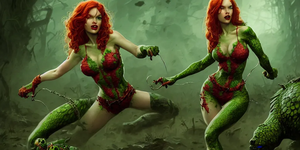 Prompt: poison ivy fighting killer croc DC comics, battle pose, illustration, realistic eyes, artstation, cinematic lighting, hyperdetailed, detailed realistic symmetrical eyes, cgsociety, 8k, high resolution, Charlie Bowater, Tom Bagshaw, Norman Rockwell, insanely detailed and intricate, sewer background