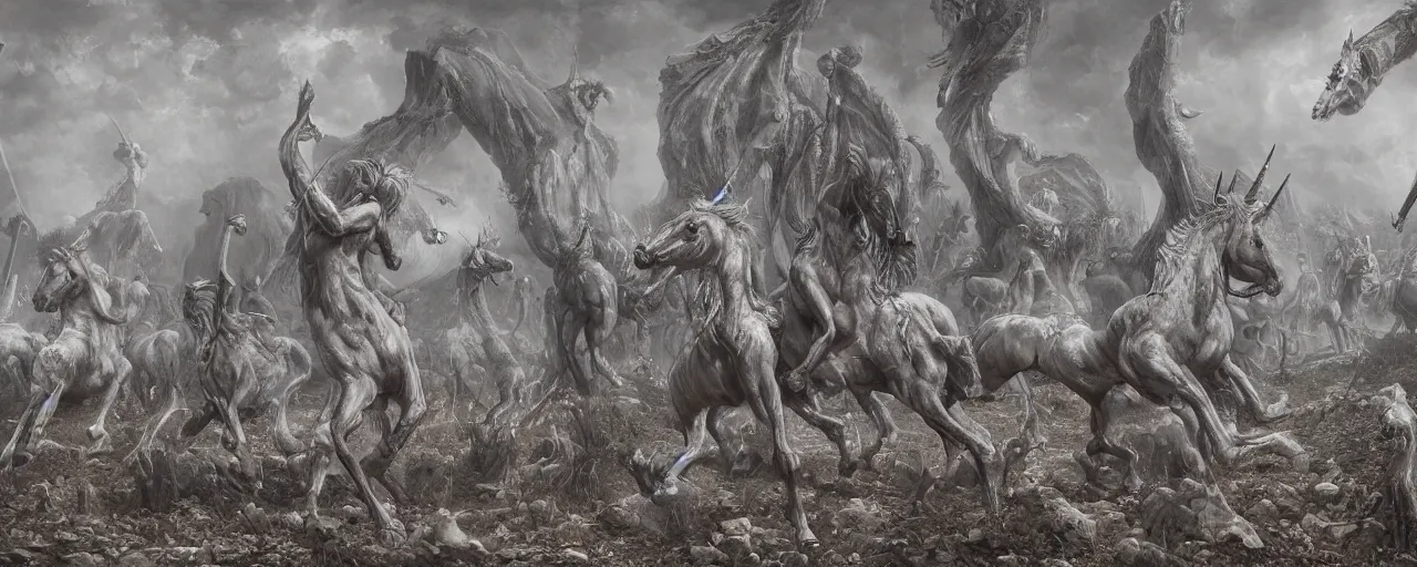 Image similar to a stunning detailed mate painting of unicorns dancing on a graveyard'by wayne barlowe, existential horror, trending on cgsociety artstation, highly detailed, 8 k, masterpiece, super resolution.