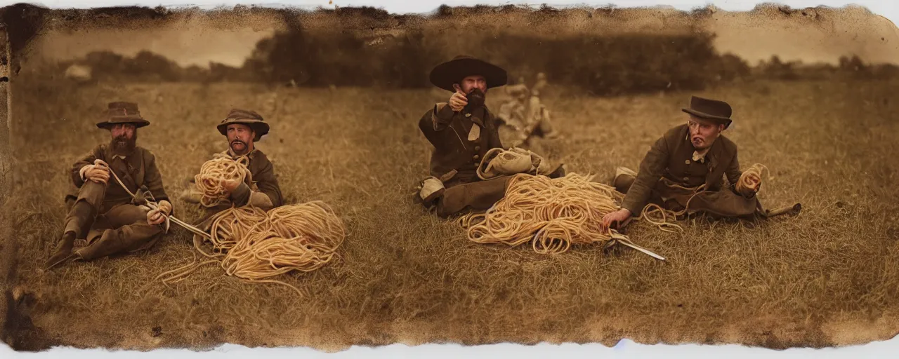 Prompt: eating spaghetti on the battlefield, american civil war, tintype sigma 5 0 mm, cinematic lighting, photography, wes anderson, kodachrome