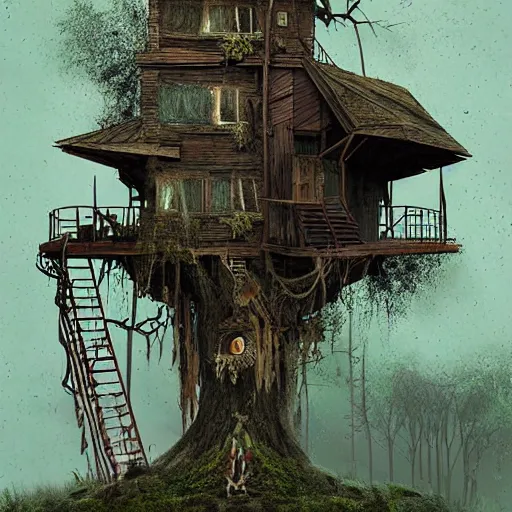 Image similar to tree house, post - apocalyptic, dark fantasy, liminal space, dark paradise, digital art