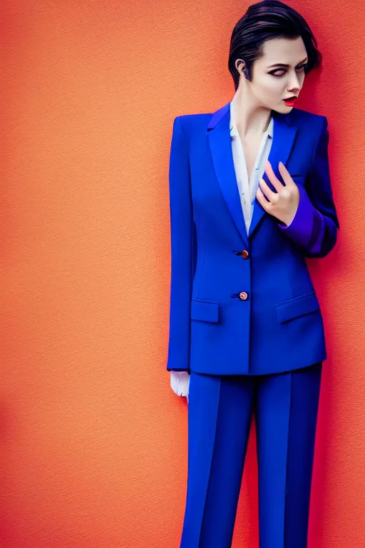 Image similar to realistic photoshooting for trouser suit, bright colors, vhs colour photography, fashion photography, vogue, smooth skin, perfect face, 8 0 mm lens, 1. 2 aperture, cinematic light, agency model img models