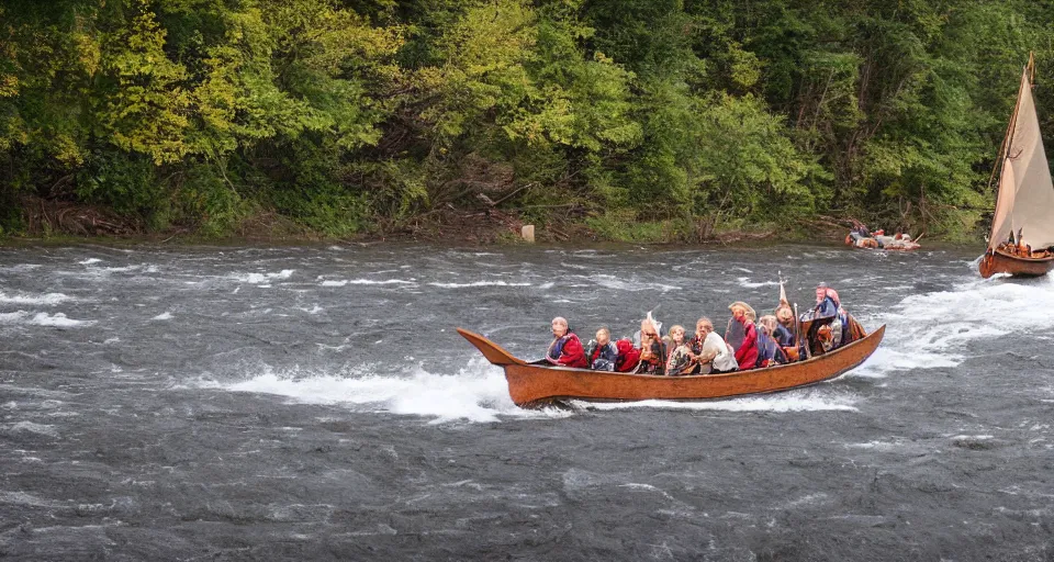 Image similar to fast viking ship sailing down a river, f / 2. 8, motion blur