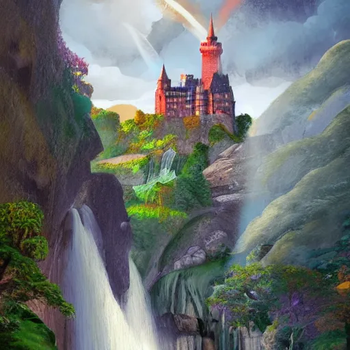 Prompt: a painting of a castle with a waterfall in front of it. unreal engine 5, digital painting, vertical, intricate, beautiful, detailed, grunge, sharp focus, abstract art by kuvshinov and el lissitzky and artgerm and kandinsky, trending on artstation. gradient darker to bottom