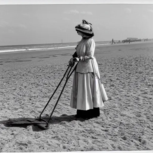 Prompt: an edwardian woman using a metal detector on the beach, black and white photograph