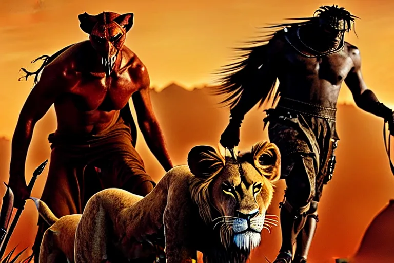 Image similar to scar ( from the lion king ), heavily armed and armored facing down armageddon in a dark and gritty reboot from the makers of mad max : fury road : witness me