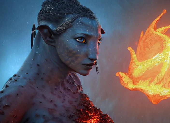 Image similar to still from a feature film avatar, goddess pele rising from a volcanoe spewing lava glowing, in style of wayne barlow, karol bak, nature futurism, pagan occultism, mystical colors, rim light, beautiful lighting, 8 k, stunning scene, raytracing, : : anamorphic lens, hyper - real, : : 8 k