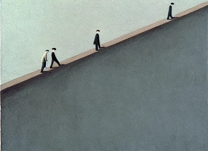 Prompt: walking on a very thin ledge, painting by quint buchholz and ray caesar, muted colors, gray, dull, boring, low energy, pale blue faces, very detailed, very coherent