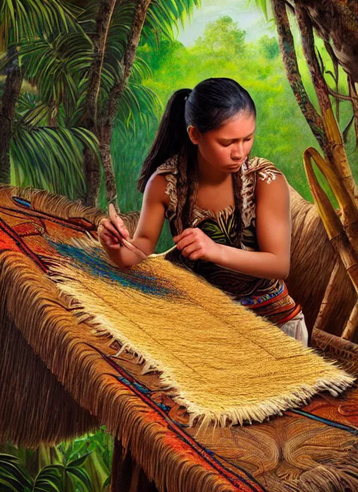 Prompt: a beautiful painting of a young indigenous female crafting a fabric in the jungle realistic face ayahuasca fantasy art style matte painting highly detailed