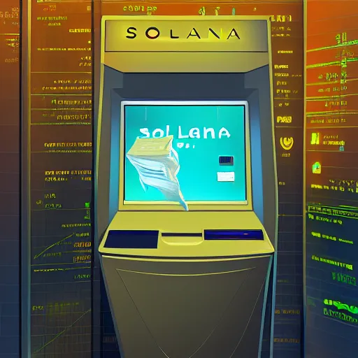 Image similar to An Illustration of a futuristic ATM of Solana cryptocurrency, by James Gilleard and Bruce Pennington, highly detailed,