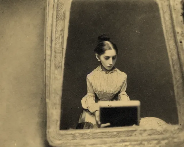 Prompt: an early 1800s photo of someone watching tiktok on their iphone