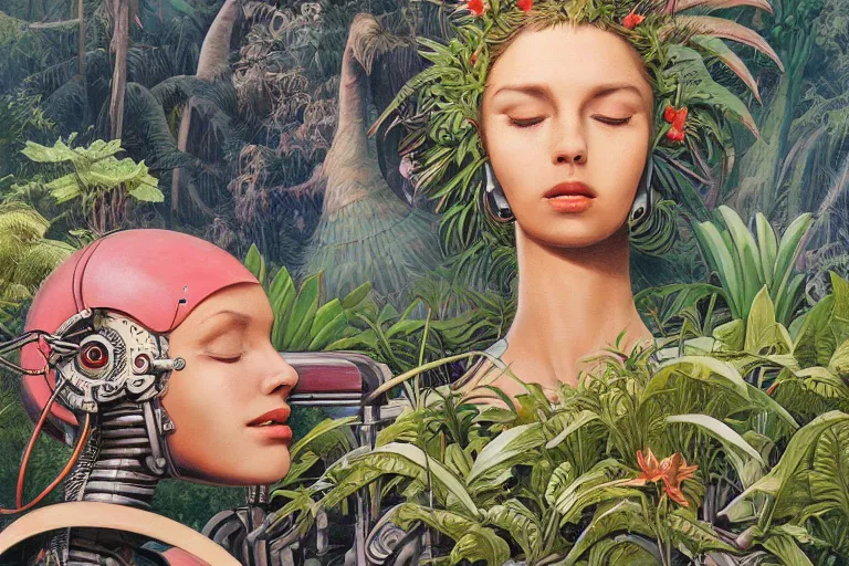 Image similar to evangelionic illustration, gigantic girl head, a lot of exotic vegetation, trees, tremendous pleasure robot, flowers, oldschool vintage sci - fi flat surreal design, super - detailed, oil painting by moebius, hd, 4 k, high quality