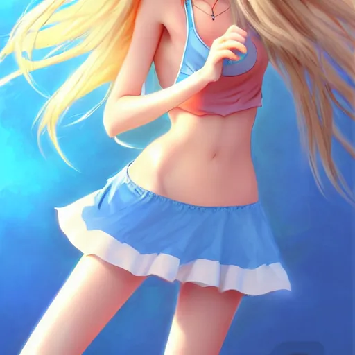 Image similar to a very beautiful young anime tennis girl, full body, long dreadlocks blond hair, sky blue eyes, full round face, short smile, bikini, miniskirt, highly detailed, cinematic wallpaper by stanley artgerm lau