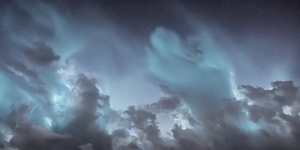 Prompt: gigantic blue jets in the atmosphere, night, clouds, photo