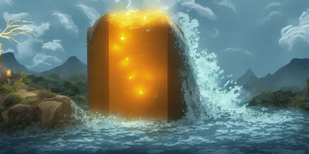 Image similar to a cell - shaded studio ghibli concept art study of a waterfall coming out of a golden cube dimensional portal flying over an arizona flooded desert on a misty starry night. a waterfall is flowing out of the portal. very dull colors, hd, 4 k, hq