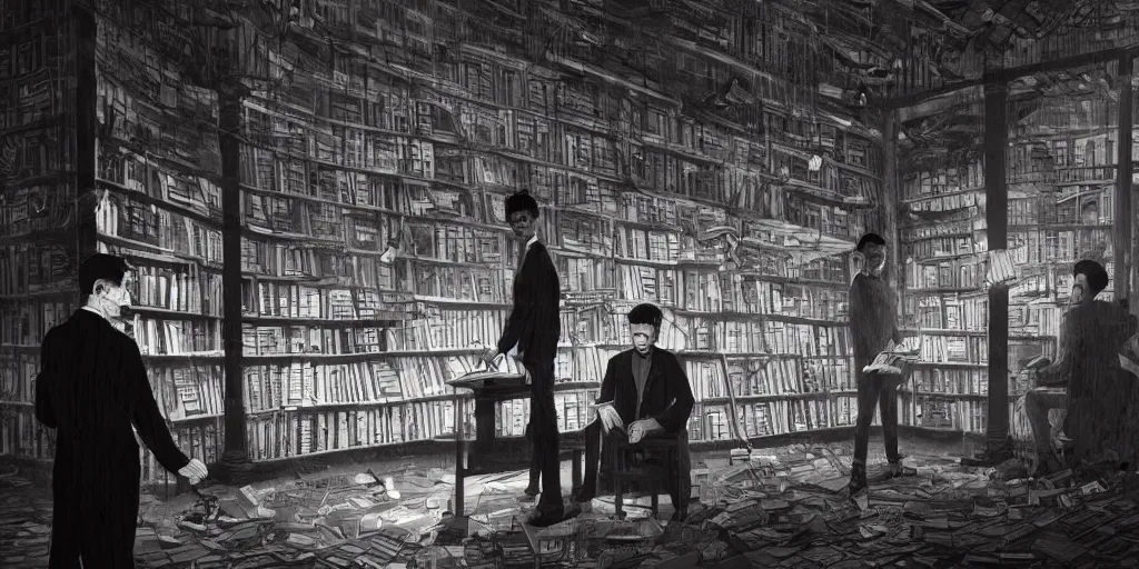 Image similar to cinematic shot of the portrait of an jorge luis borges and an old franz kafka as owners of a bookstore full of books, dystopian future, neon lights, sci - fi, night lights, haze, concept art, intricate, in the style of katsuhiro otomo, akira, unreal engine