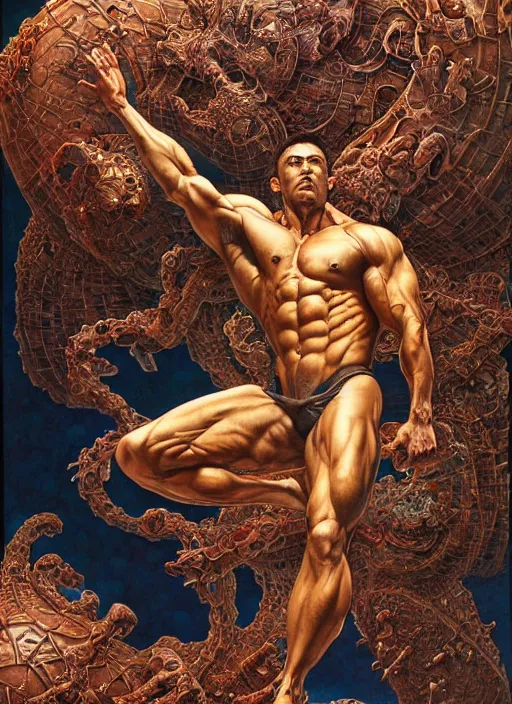 Prompt: a muscular man floating in the air looking up at the stars, throwing another man, zero gravity, highly detailed and intricate, masterpiece, by ayami kojima, karol bak, greg hildebrandt, and mark brooks, neo - gothic, intricate, rich deep colors. beksinski painting, part by takato yamamoto. 8 k masterpiece