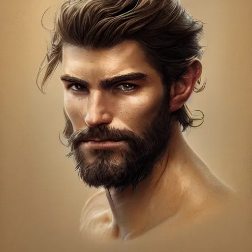 Image similar to portrait of a young, ruggedly handsome ranger, soft hair, muscular, half body, hairy, d & d, fantasy, intricate, elegant, highly detailed, digital painting, artstation, concept art, smooth, sharp focus, illustration, art by artgerm and greg rutkowski and alphonse mucha