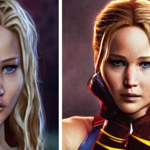 Prompt: Jennifer Lawrence staring as Cammy in Street Fighter 2029 movie