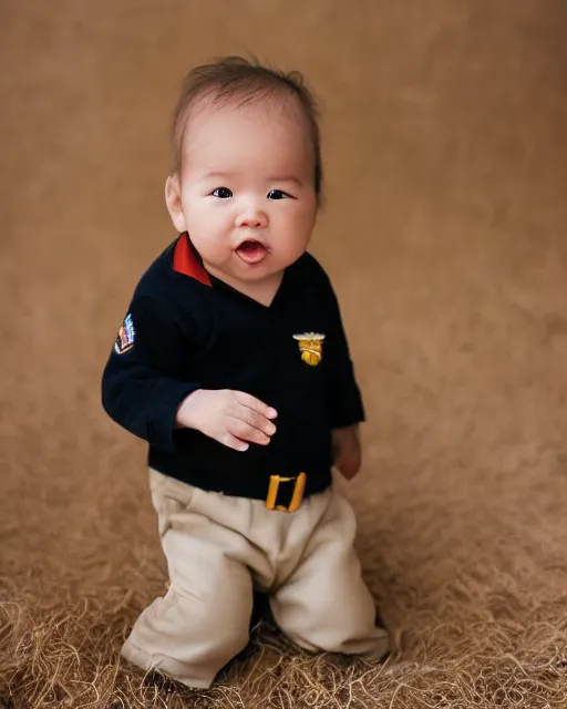 Image similar to annie leibovitz headshots of an adorable eurasian infant dressed as tom cruise in top gun's maverick, 5 0 mm soft focus